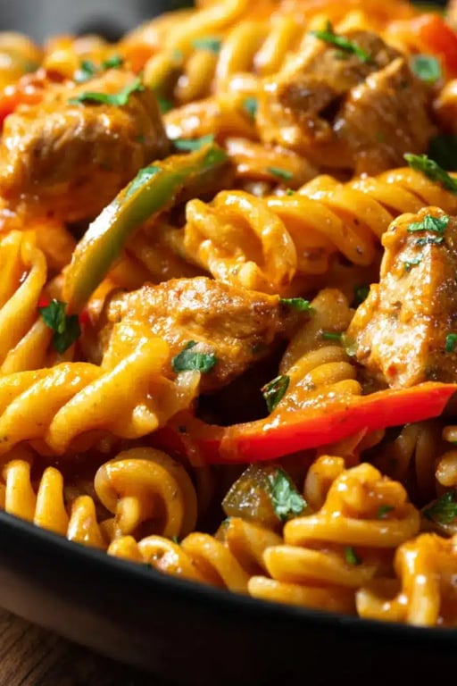 Creamy chicken fajita pasta with rotini, bell peppers, and seasoned chicken in a rich sauce