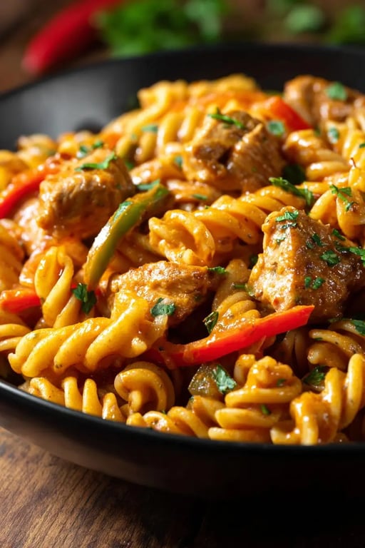 Chicken Fajita Pasta: 1-Pot Protein-Packed Comfort Recipe You’ll Love 1 Angled view of chicken fajita rotini pasta coated in creamy sauce.