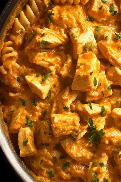 Chicken Fajita Pasta: 1-Pot Protein-Packed Comfort Recipe You’ll Love 7 Chunks of chicken simmering in creamy fajita sauce with rotini pasta in skillet