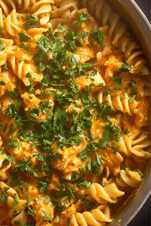 Chicken Fajita Pasta: 1-Pot Protein-Packed Comfort Recipe You’ll Love 8 Rotini chicken fajita pasta topped with fresh chopped parsley in skillet