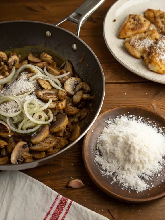 Creating the roux for the chicken white wine sauce in a skillet