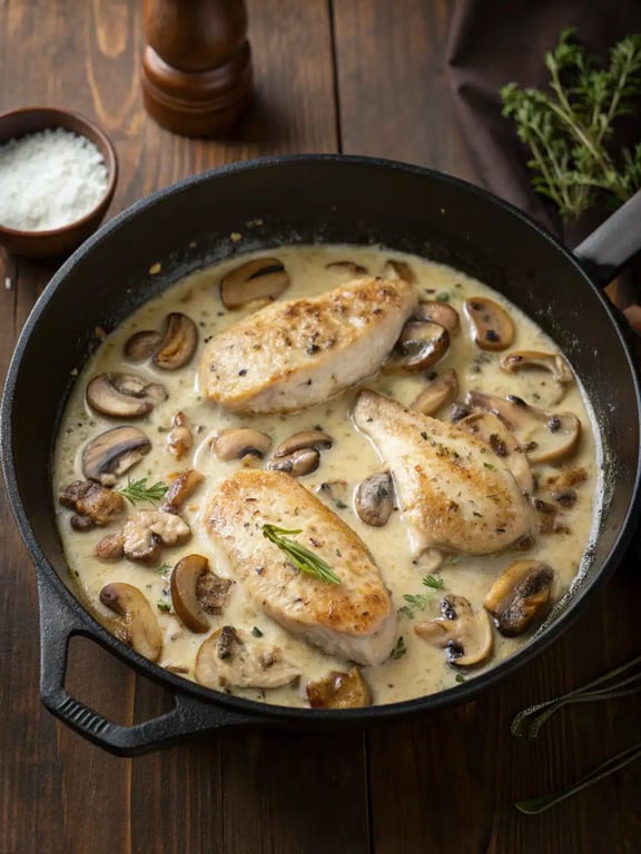Finished chicken white wine sauce plated with parsley garnish
