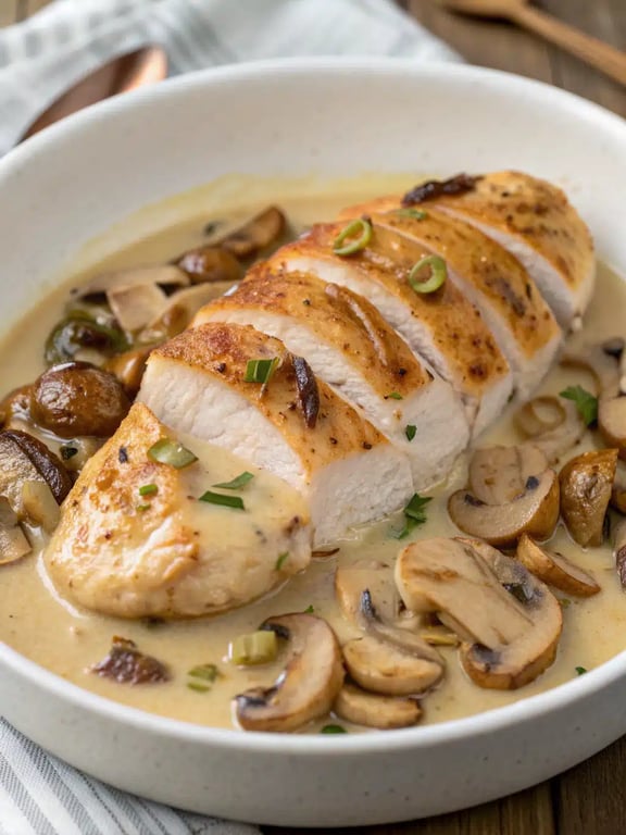 Beautifully plated chicken white wine sauce with mashed potatoes and green beans