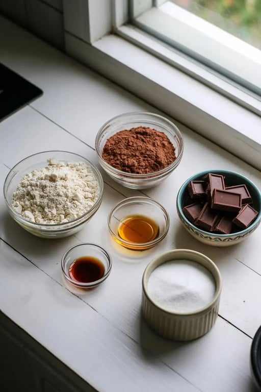 Keto chocolate cake ingredients in bowls on a white wooden surface