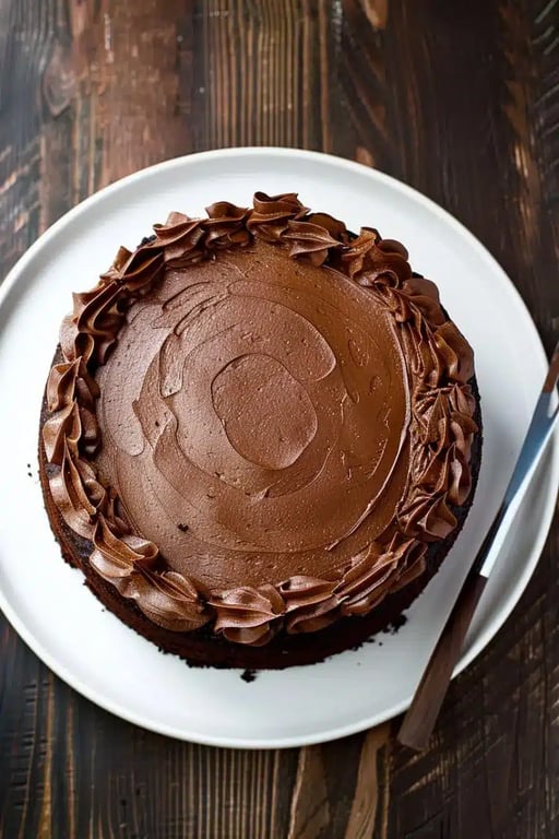Whole chocolate keto cake with smooth frosting and piped swirls on a white plate