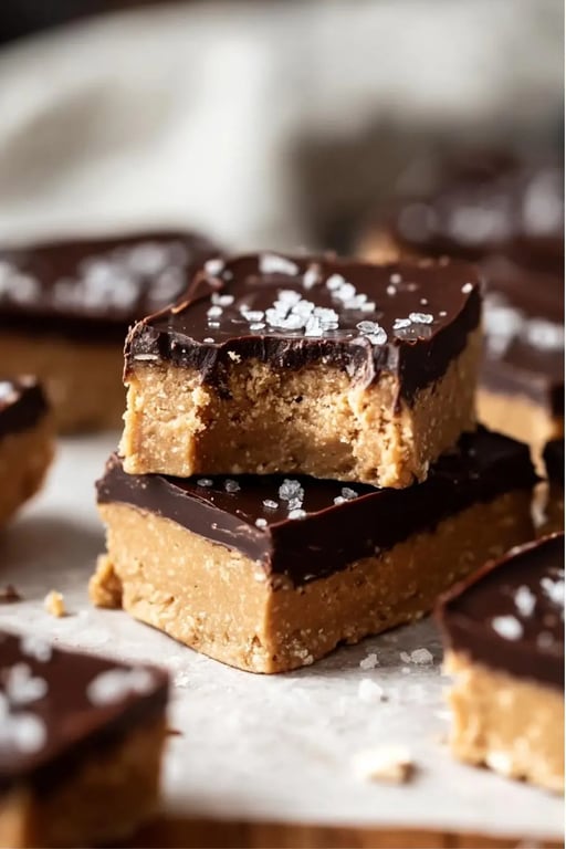 Chocolate Peanut Butter Protein Bars – No Bake, Healthy & Delicious 1 Stacked chocolate peanut butter protein bars with a bite taken out