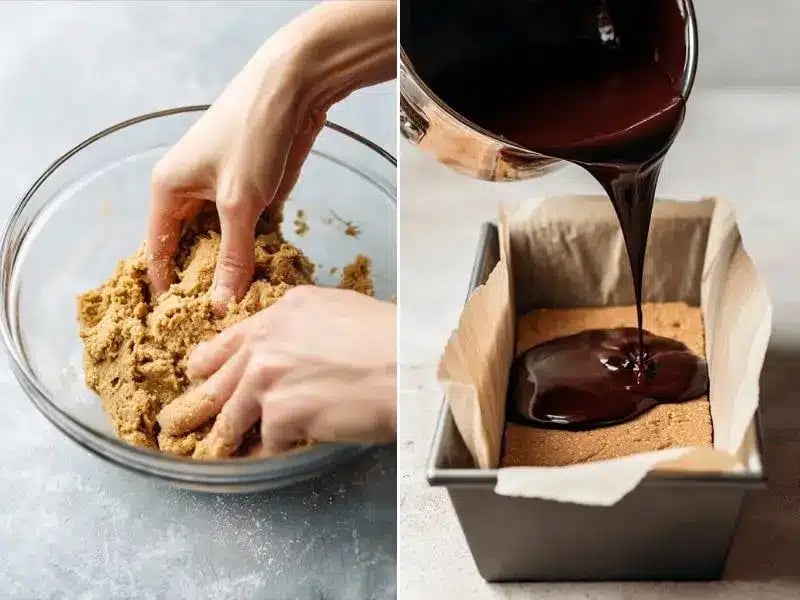 Chocolate Peanut Butter Protein Bars – No Bake, Healthy & Delicious 7 Hands mixing peanut butter dough and pouring melted chocolate into a loaf pan