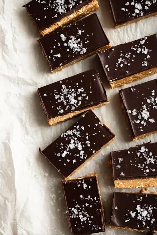 Chocolate Peanut Butter Protein Bars – No Bake, Healthy & Delicious 8 Overhead view of sliced chocolate peanut butter protein bars with sea salt