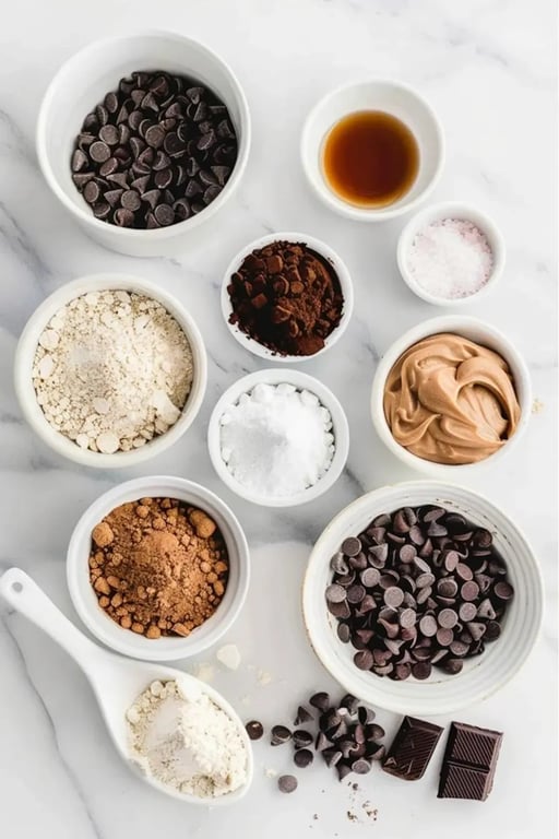 Flat lay of chocolate protein bar ingredients in ceramic bowls on marble