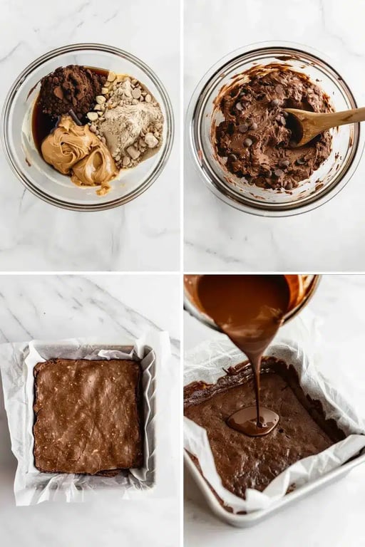 Step-by-step collage of chocolate protein bar preparation from mixing to pouring chocolate topping