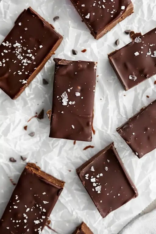 Sliced chocolate protein bar arranged on parchment paper