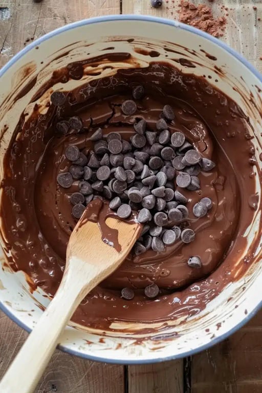 Chocolate protein muffins batter with chocolate chips in a mixing bowl