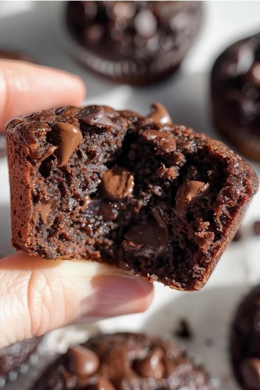 Gooey chocolate protein muffins held in hand with melted chocolate chips