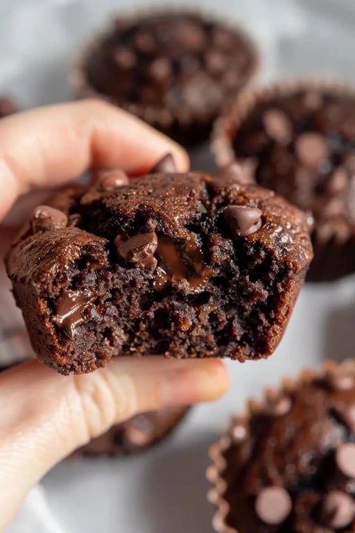 Hand holding a half-eaten chocolate protein muffins