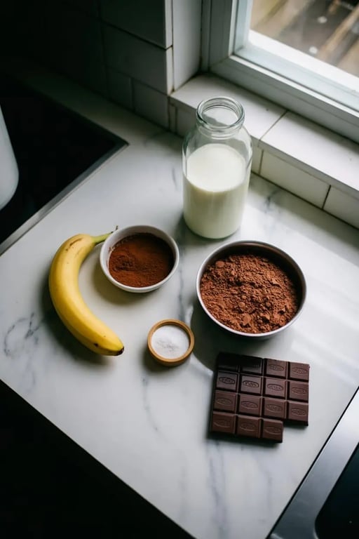 Chocolate protein shake ingredients on marble surface