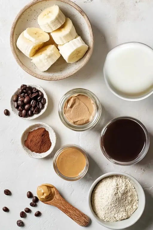 Flat lay of coffee protein shake ingredients including banana, almond milk, coffee, protein powder, peanut butter, cocoa powder, and cinnamon
