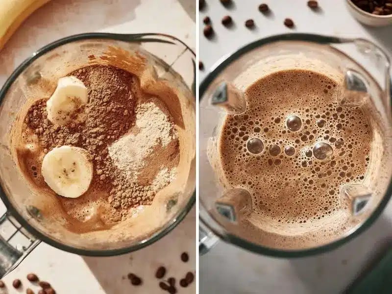 Coffee protein shake ingredients in blender before blending and after blending into a creamy shake