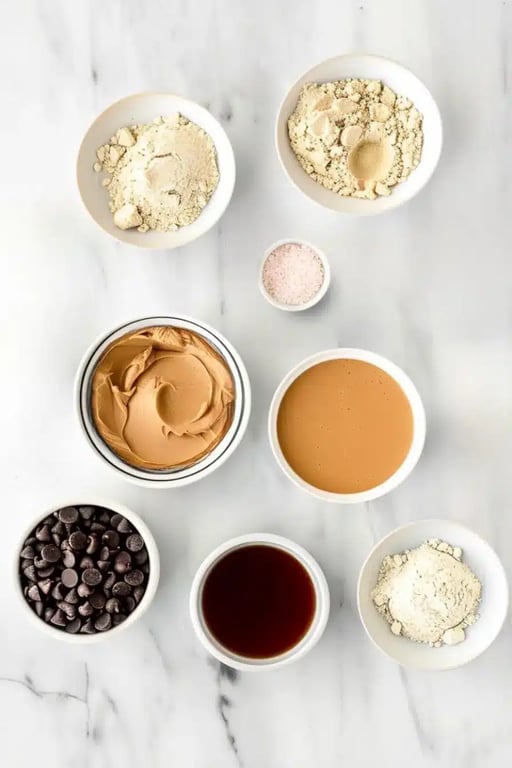 Flat lay of labeled ingredients for cookie dough protein bars