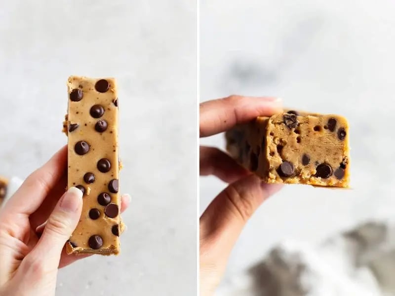 Two views of a hand holding a cookie dough protein bar swith chocolate chips