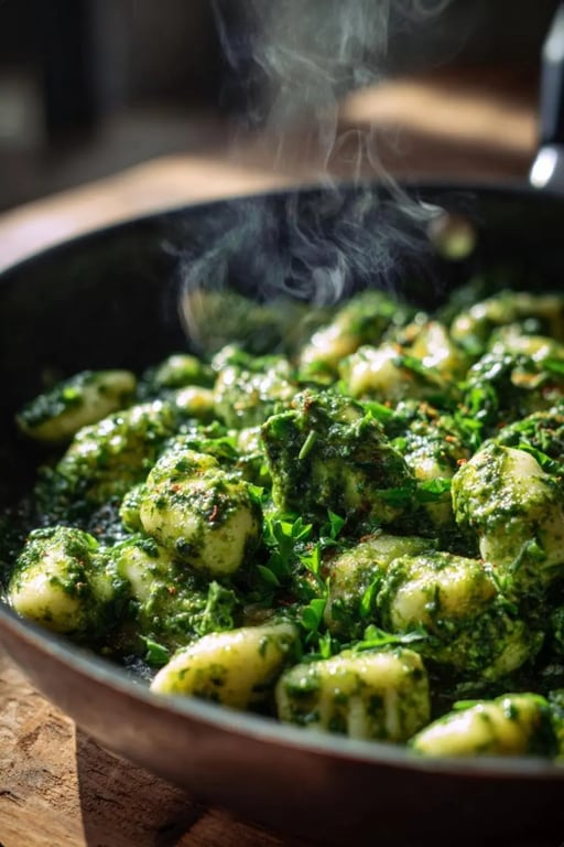 Cottage cheese gnocchi in skillet tossed with kale pesto, steam rising