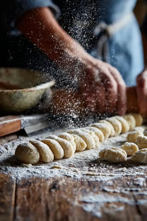 Hands shaping cottage cheese gnocchi dough with flour dust on a rustic wooden table