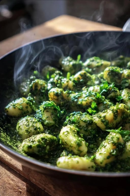 Cottage cheese gnocchi simmering in skillet with fresh kale pesto sauce