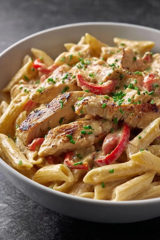 Creamy Cajun Chicken Pasta High-Protein Recipe That Powers You Through 7 Close-up of creamy Cajun chicken pasta with grilled chicken breast, red bell peppers, and penne in a protein-rich sauce