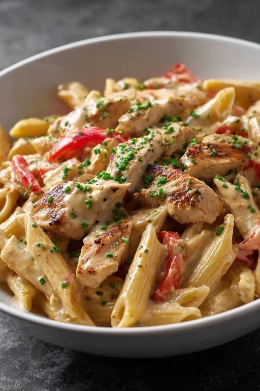 Creamy Cajun Chicken Pasta High-Protein Recipe That Powers You Through 8 Grilled Cajun chicken over penne pasta in creamy high-protein sauce with red peppers and fresh chives