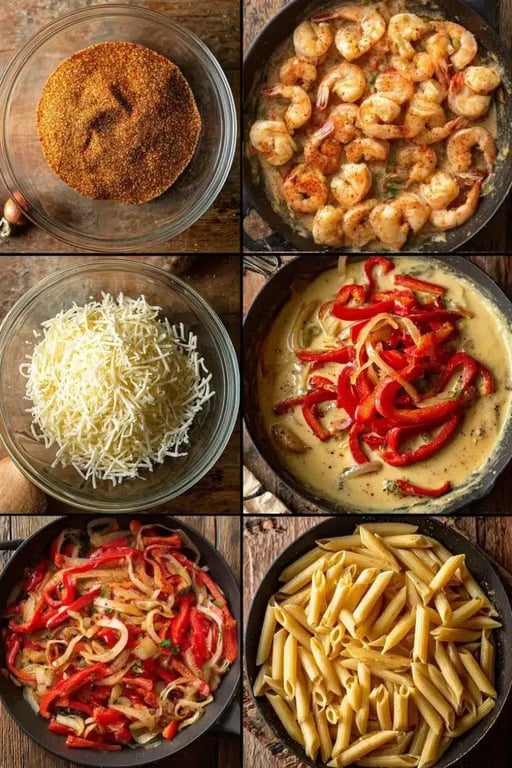 Step-by-step preparation of creamy Cajun shrimp pasta with Cajun seasoning, sautéed shrimp, shredded cheese, creamy sauce with bell peppers and onions, and cooked penne pasta.