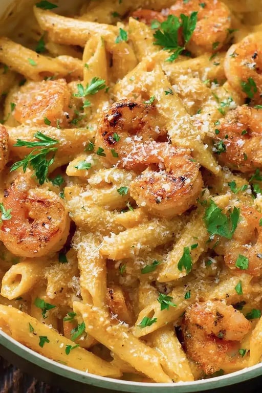 Close-up of creamy Cajun shrimp pasta with Parmesan and herbs