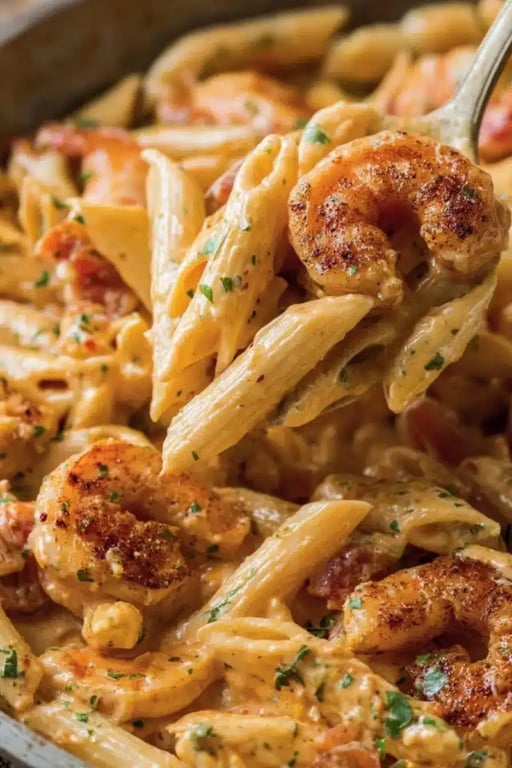 Spoonful of creamy Cajun shrimp pasta with seared shrimp and penne