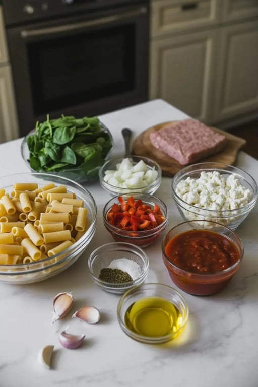 Ingredients for creamy cottage cheese pasta on a kitchen counter, including pasta, spinach, meat, vegetables, and sauce.