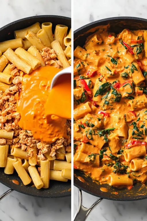 Two side-by-side images of a skillet; one with rigatoni, turkey, and sauce being poured, and the other showing the final creamy pasta with spinach.