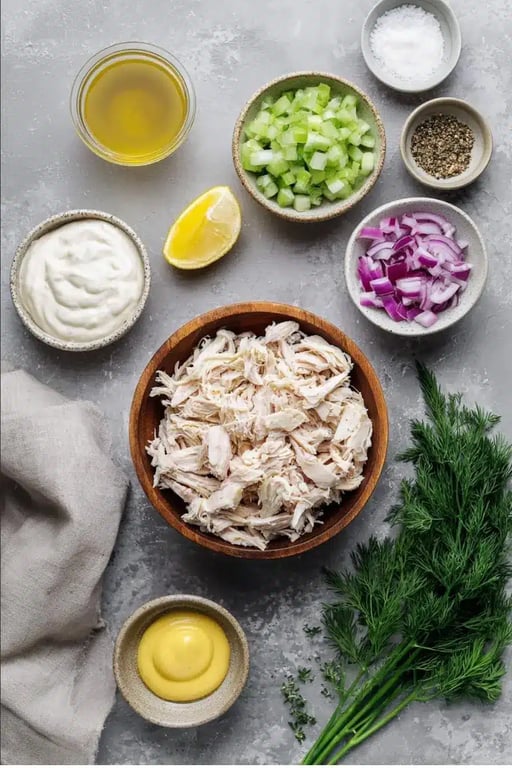 Top view of ingredients for creamy keto chicken salad including shredded chicken, celery, onion, mayo, mustard, dill, lemon, oil, salt, and pepper