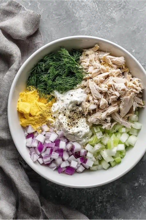 Bowl of creamy keto chicken salad ingredients before mixing, including dill, mayo, mustard, onion, celery, and chicken