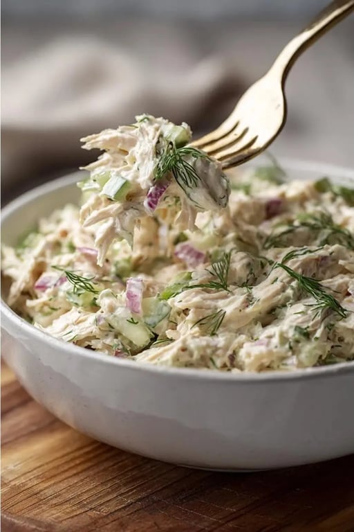 Spoonful of creamy keto chicken salad with dill, celery, and red onion