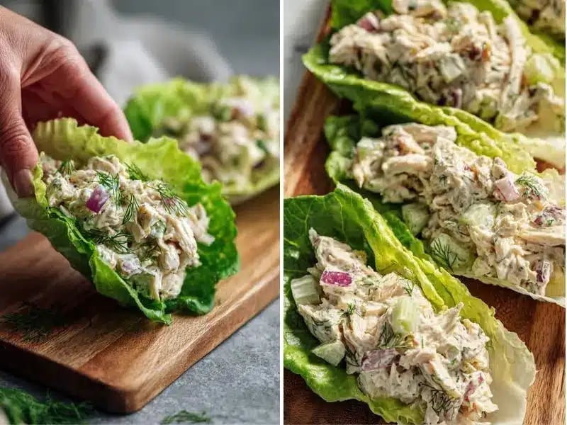 Creamy keto chicken salad served in fresh lettuce cups on a wooden board