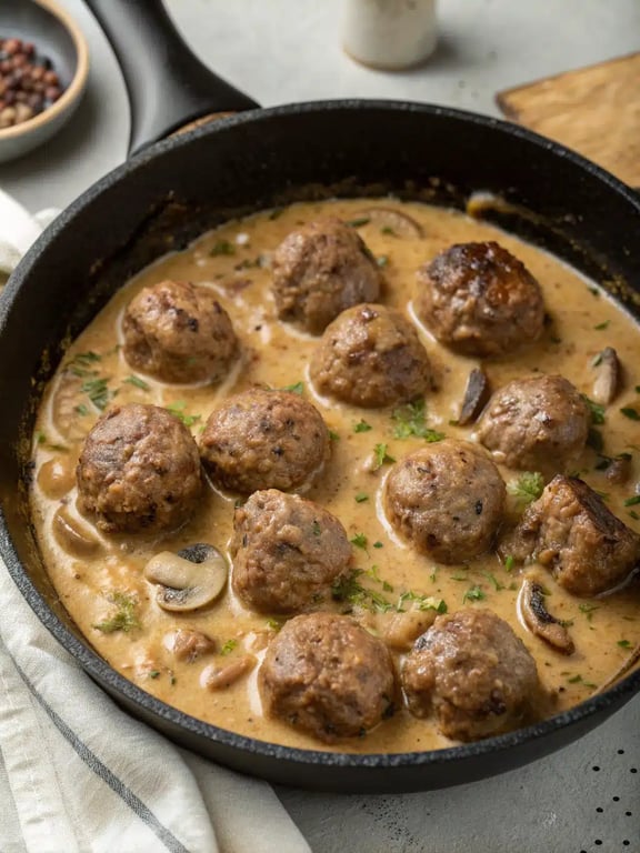 Finished creamy mushroom meatballs served in a skillet with a rich, creamy sauce