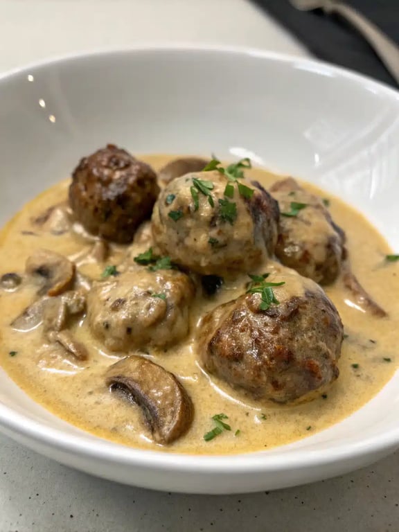 Creamy mushroom meatballs served over mashed potatoes with a side of green beans