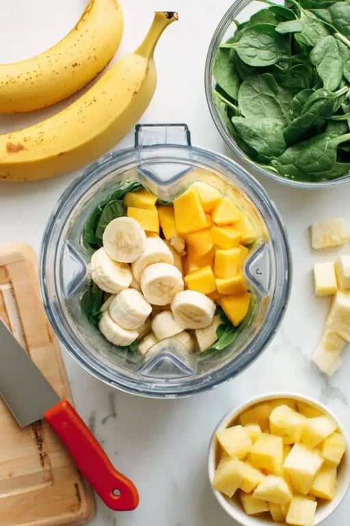 Smoothie ingredients added to blender with labels for banana, spinach, mango, and pineapple
