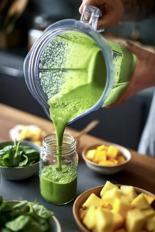 Pouring green smoothie from blender into a mason jar with fresh ingredients nearby