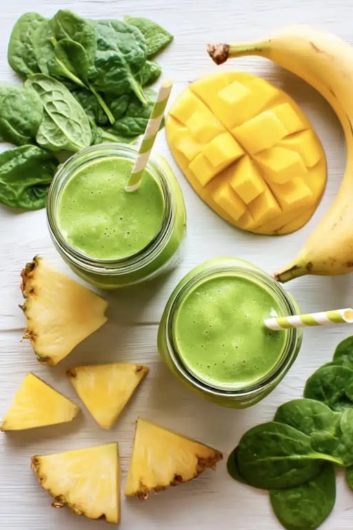 Green smoothie ingredients with pineapple, mango, spinach, and banana