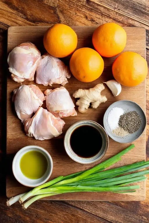 Healthy Orange Chicken Recipe That’s Better Than Takeout 2 Flat lay of healthy orange chicken ingredients on wooden board