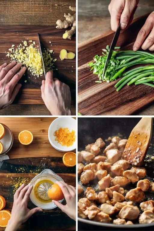 Healthy Orange Chicken Recipe That’s Better Than Takeout 3 Collage of prepping ginger, green onions, orange zest, and searing chicken