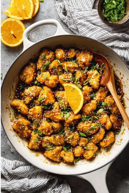 Healthy Orange Chicken Recipe That’s Better Than Takeout 10 Finished healthy orange chicken with orange slice and green onion garnish