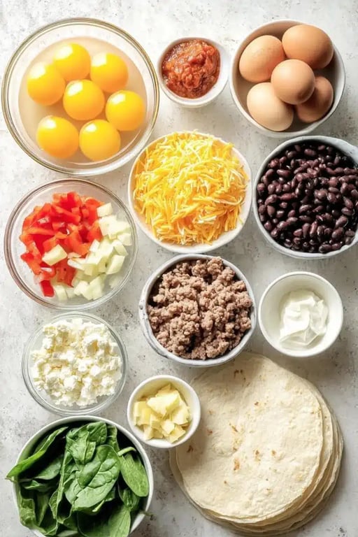 Flat lay of high protein breakfast burrito ingredients including eggs, beans, veggies, sausage, and cheese