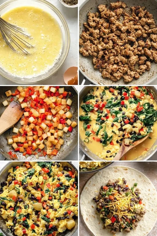 Step-by-step collage showing how to make a high protein breakfast burrito from whisked eggs to tortilla assembly.