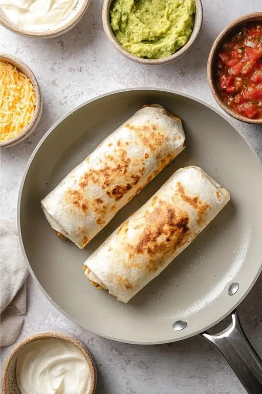 Toasting breakfast burritos in skillet with salsa, guacamole, and sour cream