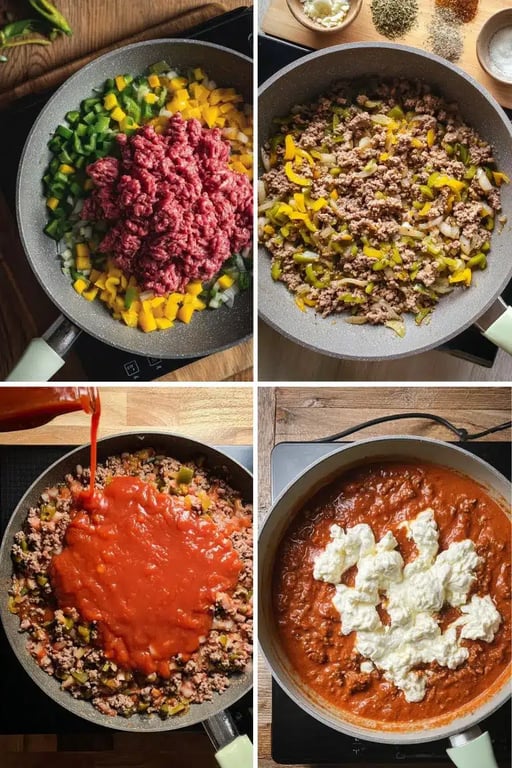 Four steps of making creamy beef pasta: from sautéing beef to adding tomato and cream