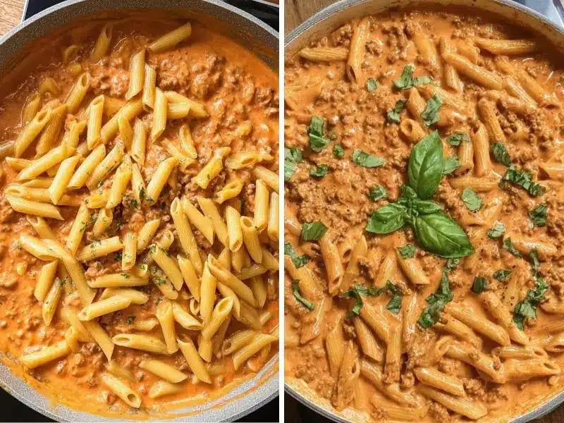 Two stages of creamy beef pasta: penne being added and fully cooked with basil garnish